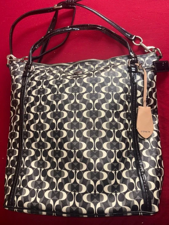 Coach Black and White Logo-Print Tote with Black Trim - Picture 2 of 5